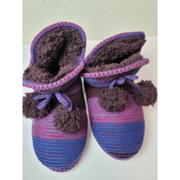 Muk Luks Handcrafted Wool Slippers With Faux Fur Lining & Pom Poms - Purple & Pi - Picture 2 of 10